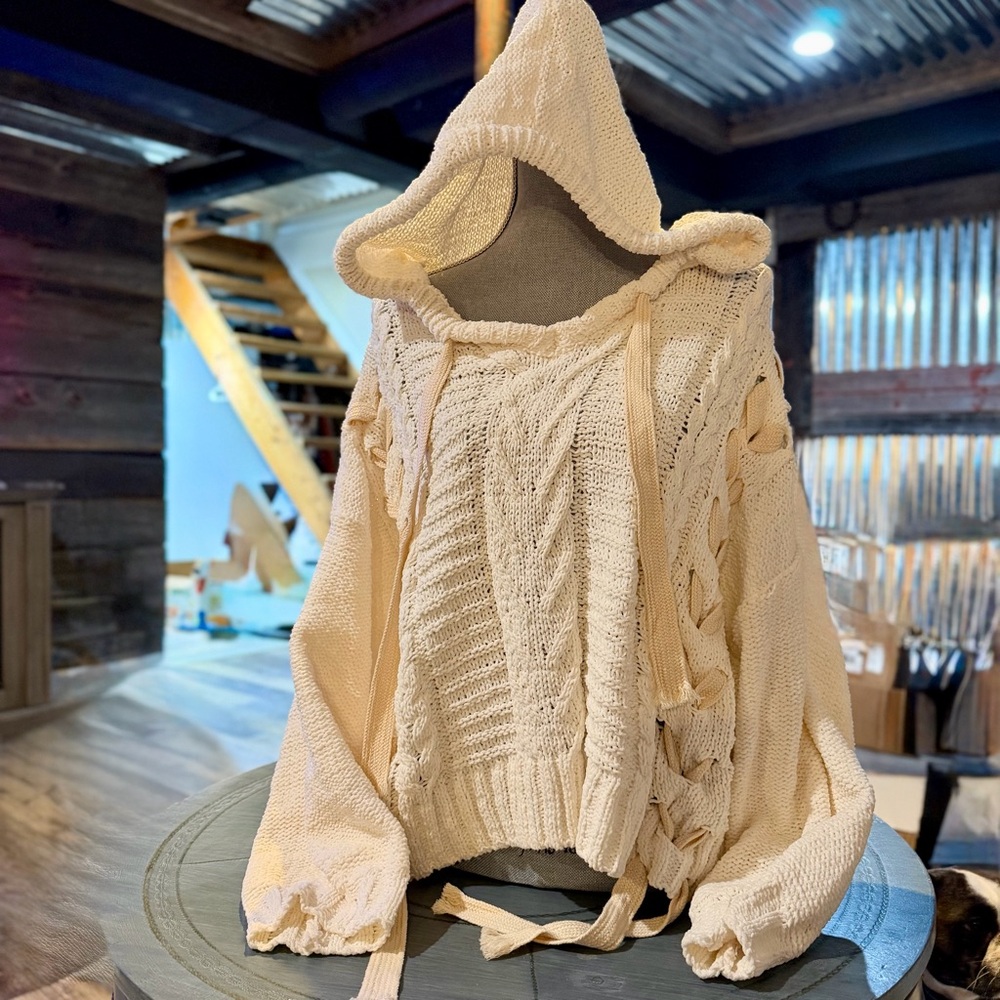 POL Cream Cable Knit Hooded Sweater